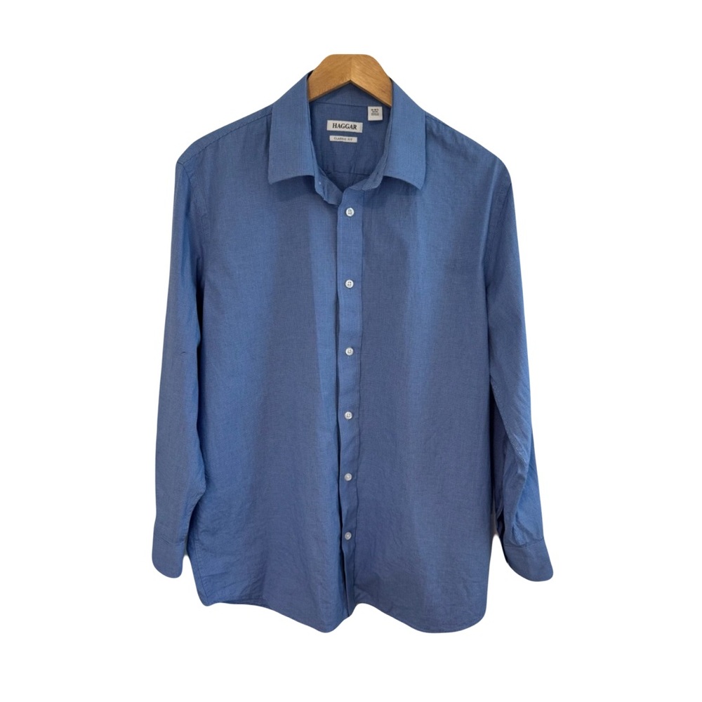 Haggar  Men’s  16.5  Blue  Classic  Fit  Button  Down  Shirt  Neutral  Classic